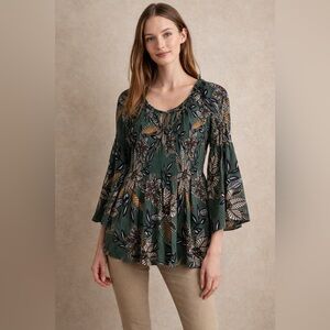 Elle | Green Floral Bell Sleeve Blouse | Size S